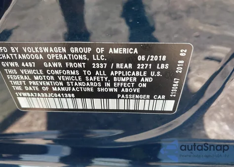 2018 Volkswagen Passat 2.0T Se из США, поврежденный, VIN 1VWBA7A33JC041386